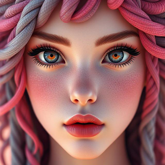 A digital illustration of a woman with large blue eyes, pink lipstick, and blush, with pink and purple braided hair framing her face.