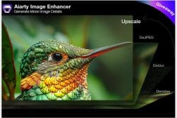 A close-up of a colorful hummingbird is shown, with part of the image enhanced for clarity using upscaling, deblurring, denoising, and DeJPEG features of an image enhancer.