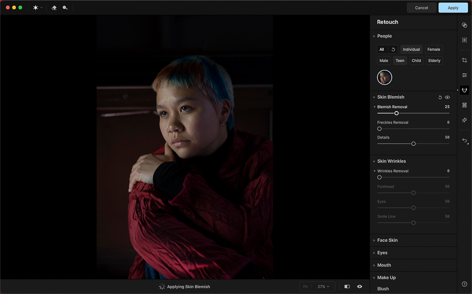 A photo editing software interface shows a portrait of a person with short hair, wearing a red jacket, and various retouching options displayed on the right panel.