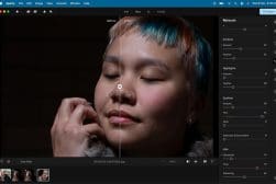A photo editing software interface showing a before-and-after comparison of a woman's face being retouched, with adjustments on the right panel.