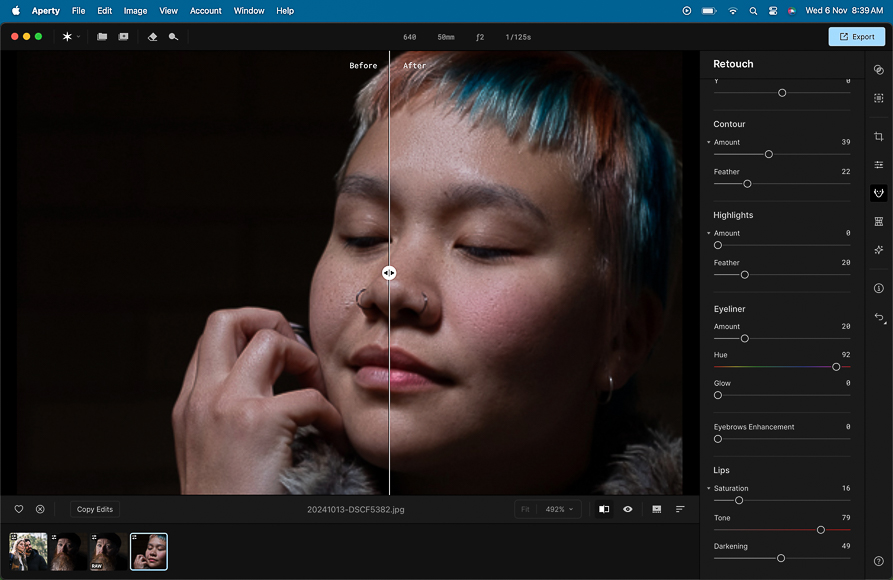 A photo editing software interface showing a before-and-after comparison of a woman's face being retouched, with adjustments on the right panel.