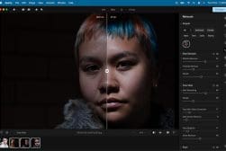 Photo editing software interface showing a portrait with "before" and "after" effects. The right side has adjusted skin tone and lighting. Editing tools are visible on the right panel.