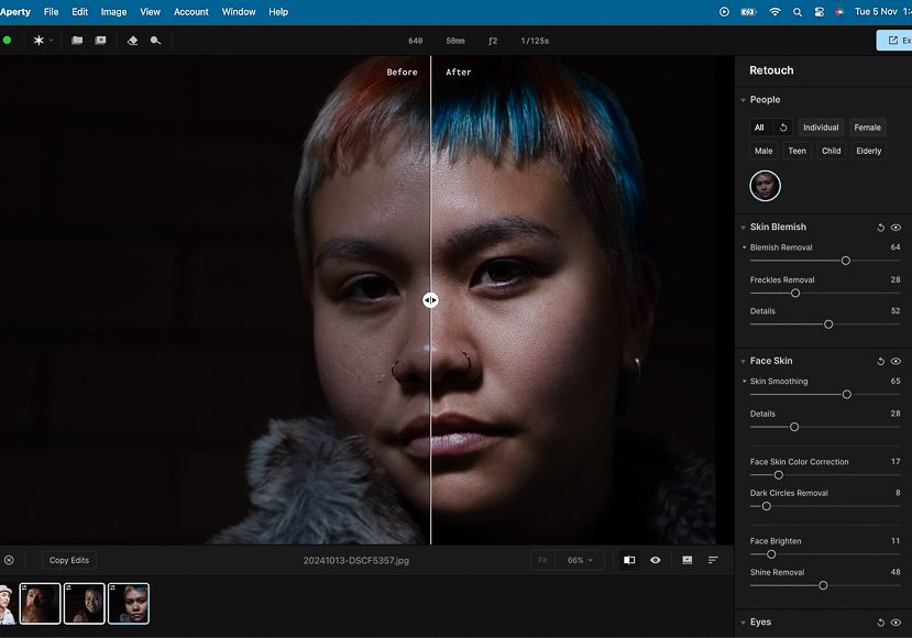 Photo editing software interface showing a portrait with "before" and "after" effects. The right side has adjusted skin tone and lighting. Editing tools are visible on the right panel. Photo editing software interface showing a portrait with "before" and "after" effects. The right side has adjusted skin tone and lighting. Editing tools are visible on the right panel.