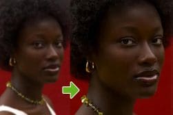 Two side-by-side images show a woman against a red background. The second image is a close-up of her face, showing her gold earrings and a beaded necklace.