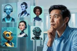 A man sits thoughtfully at a desk, looking at digital screens displaying diverse human and robotic avatars in a modern office setting.