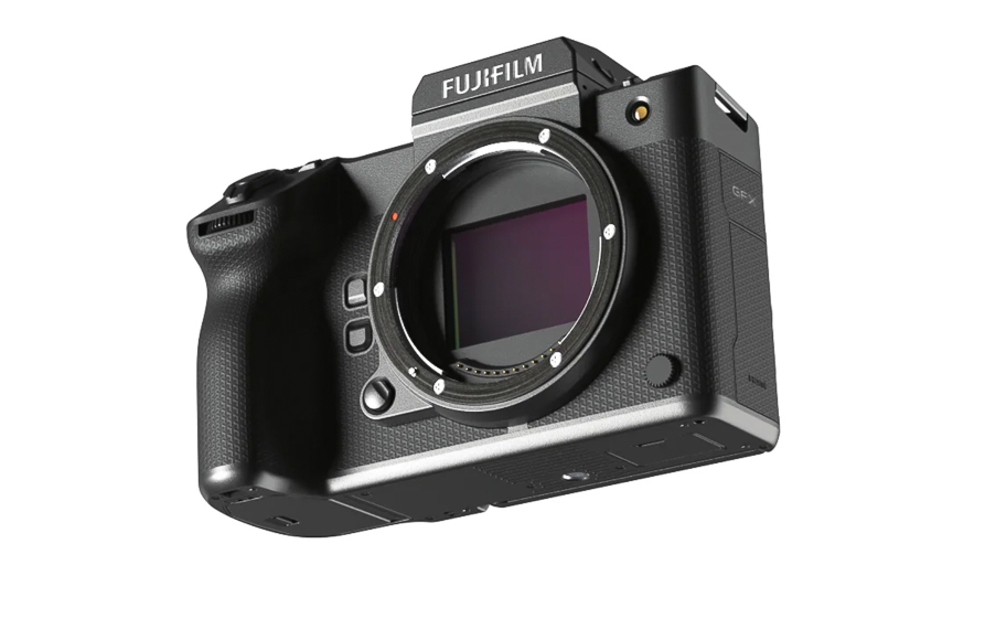 A black Fujifilm camera body with a front-facing lens mount, multiple control buttons on the side, and a textured grip.
