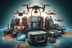 A variety of technology items, including drones, cameras, and electronic devices, are arranged over a map.