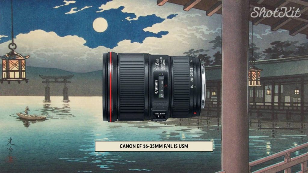 Canon EF 16-35mm f/4L IS USM lens displayed in front of a traditional Japanese artwork featuring a moonlit lake and buildings.