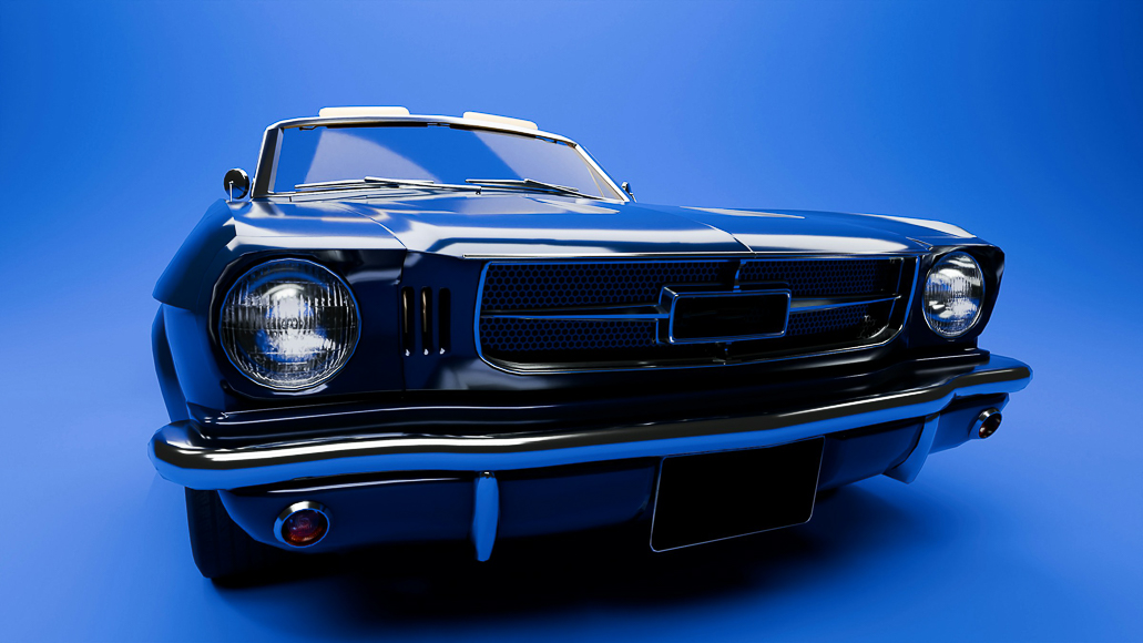 A classic blue convertible car is displayed against a plain blue background, viewed from a low front angle.