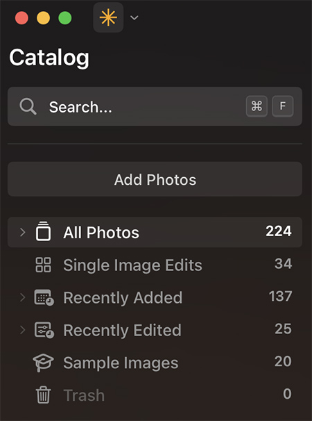Screenshot of a photo catalog program showing a search bar and categories: All Photos (224), Single Image Edits (34), Recently Added (137), Recently Edited (25), Sample Images, Trash (0).