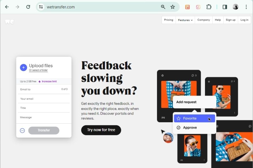 A screenshot of the wetransfer website homepage with an advertisement for creative feedback tools.