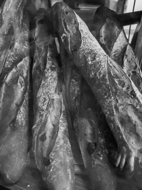Several baguettes are arranged closely together in a display case.