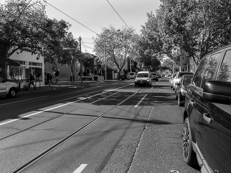 Black and white photo of a city street with parked cars on both sides, trees lining the sidewalk, and vehicles driving down the center of the road.