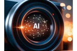 Close-up of a camera lens with a digital graphic displaying "AI" and network connections, symbolizing artificial intelligence in photography or imaging technology.