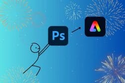 A stick figure holding the Photoshop logo is being pulled toward another logo on a blue background with fireworks.