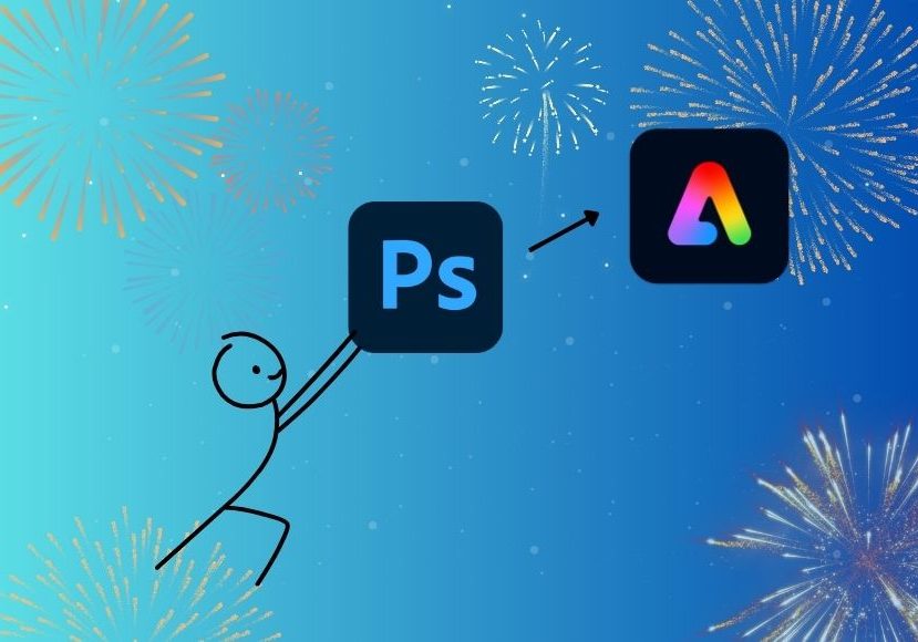 A stick figure holding the Photoshop logo is being pulled toward another logo on a blue background with fireworks. A stick figure holding the Photoshop logo is being pulled toward another logo on a blue background with fireworks.