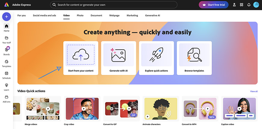 Adobe Express homepage showing options to start a video project, including "Start from your content," "Generate with AI," "Explore quick actions," and "Browse templates.