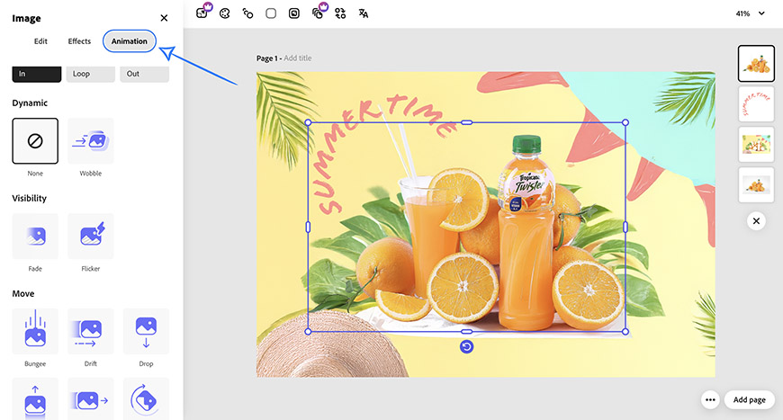 A design software interface shows an image of orange juice and oranges, with editing tools and an "Animation" tab selected on the left panel.