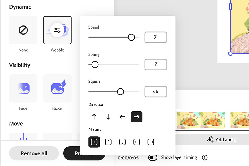 A user interface shows animation settings for speed, spring, and squish, with direction options, visibility effects, and move controls.
