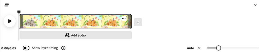 Screenshot of a video editing timeline showing a clip with an illustrated scene of cats and plants, an option to add audio, a play button, and an auto volume slider.