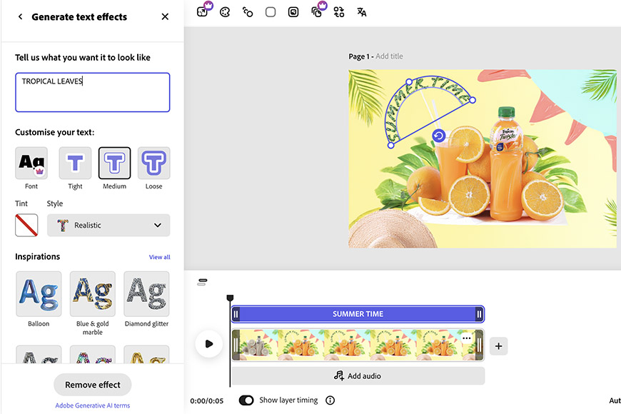 A screenshot of a graphic design software showing a project with orange juice bottles, sliced oranges, and tropical leaves, with text customization options on the left panel.
