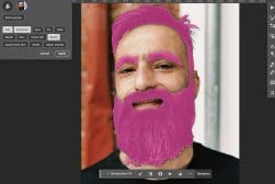 A photo editing software highlights a man's eyebrows, beard, and hair in pink, showing selection tools and options for facial feature editing on the left panel.
