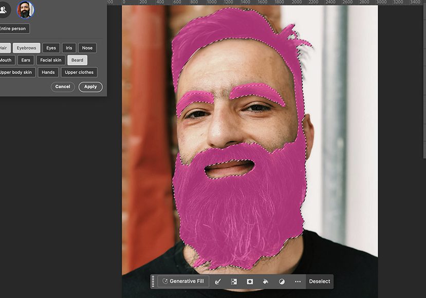 A photo editing software highlights a man's eyebrows, beard, and hair in pink, showing selection tools and options for facial feature editing on the left panel. A photo editing software highlights a man's eyebrows, beard, and hair in pink, showing selection tools and options for facial feature editing on the left panel.