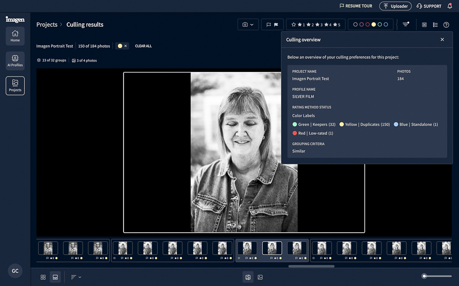 Screenshot of a photo editing software interface showing black-and-white portrait of a smiling woman. The right panel displays a "Culling Overview" with various image statistics.