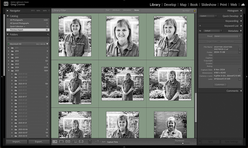 Screenshot of photo editing software displaying a grid of black-and-white portrait images. Sidebar shows folders and navigation options, with one image selected and metadata visible on the right.