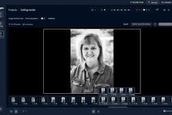 Screenshot of a photo editing software interface displaying a black and white portrait of a woman in a denim jacket. Thumbnails of similar images are visible below.