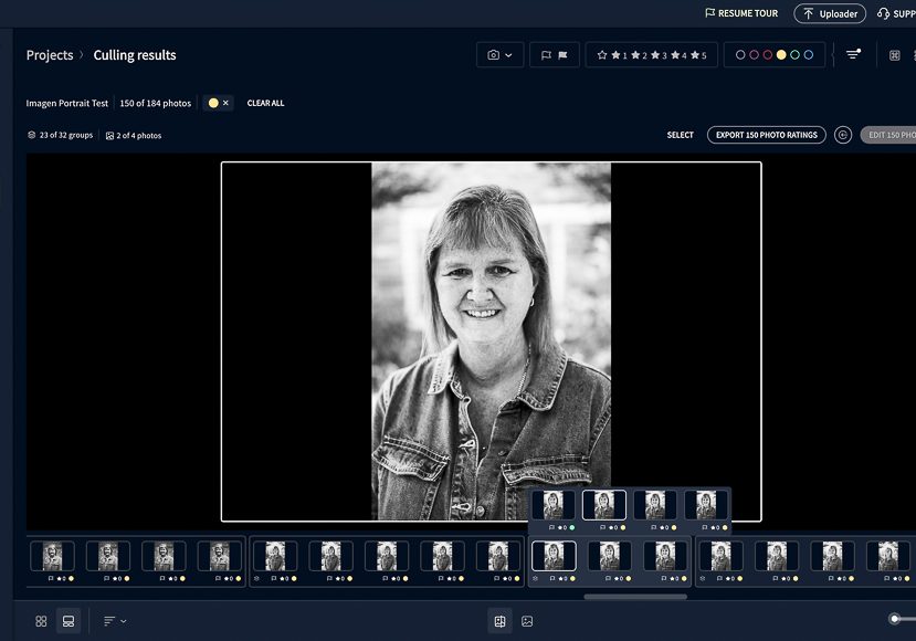 Screenshot of a photo editing software interface displaying a black and white portrait of a woman in a denim jacket. Thumbnails of similar images are visible below. Screenshot of a photo editing software interface displaying a black and white portrait of a woman in a denim jacket. Thumbnails of similar images are visible below.