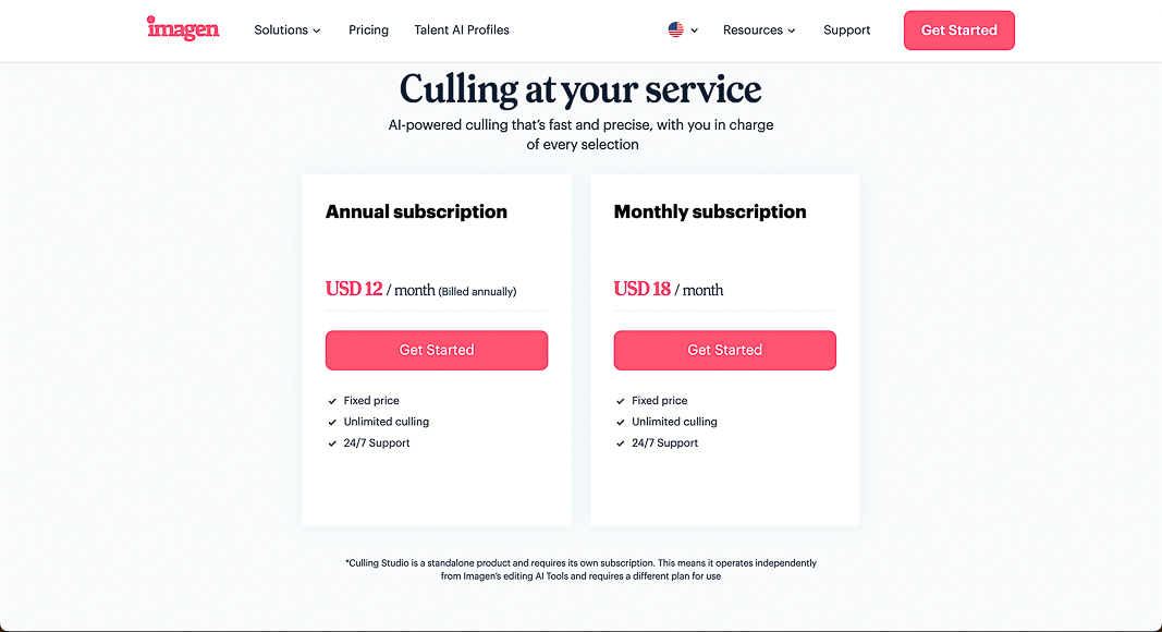 Subscription comparison table for Imagen, showing annual (USD 12/month) and monthly (USD 18/month) plans, both with unlimited culling and 24/7 support.