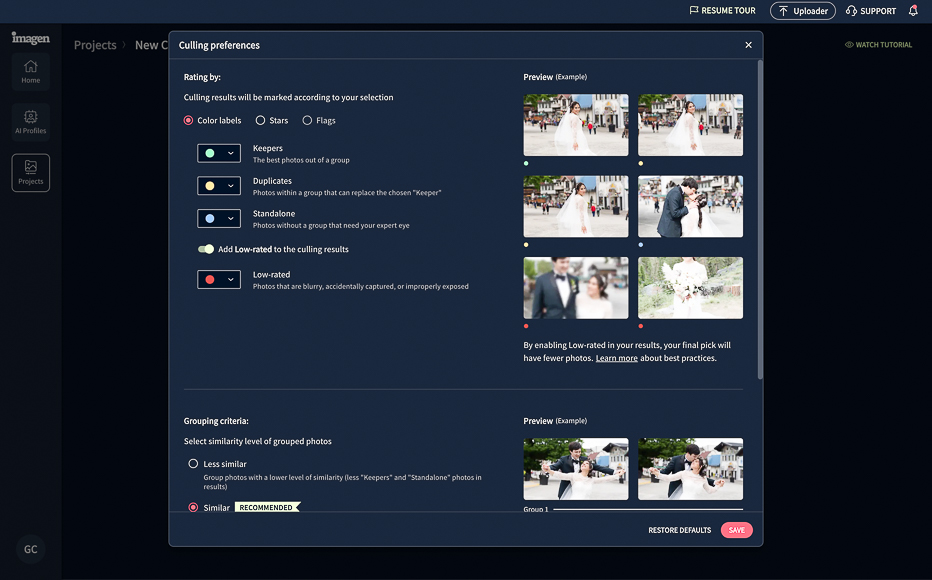 Screenshot of an image culling preferences interface, displaying rating settings, preview examples of photos, and options for color labels, grouping criteria, and similar photo recommendation.