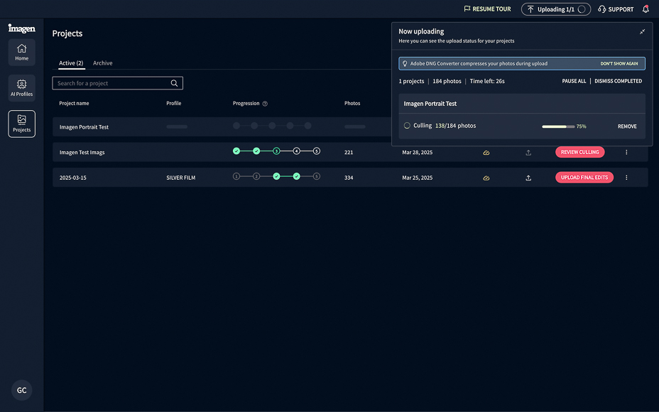 Dashboard interface showing photo project uploads in progress, with details on status, culling, and upload options. Options include pausing and resuming uploads.