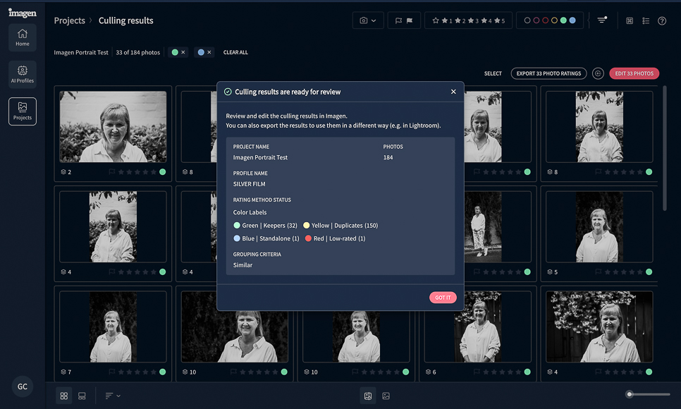 A computer screen displaying a photo editing software interface with several black and white portraits and a pop-up message indicating "Culling results are ready for review.