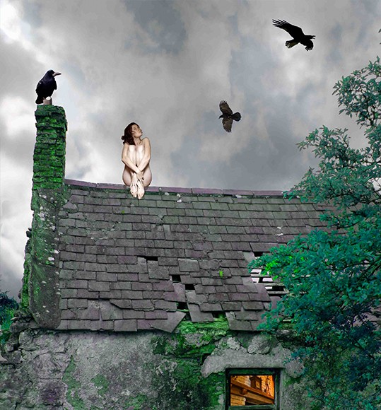 A woman sits on the peak of a mossy, damaged roof of an old house, surrounded by three black birds, under a cloudy sky.