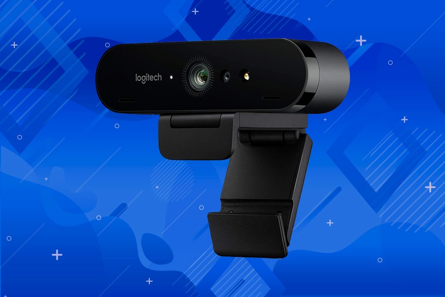 A black Logitech webcam on a blue abstract background.