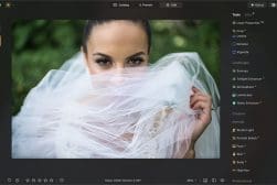 Image of a photo editing software interface displaying a portrait of a person partially covered by a translucent white fabric, with adjustment tools visible on the right side.