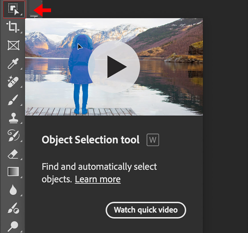 A screenshot of the Object Selection tool in Photoshop highlighted with a red arrow, showing a person standing on a dock by a lake with mountains in the background.