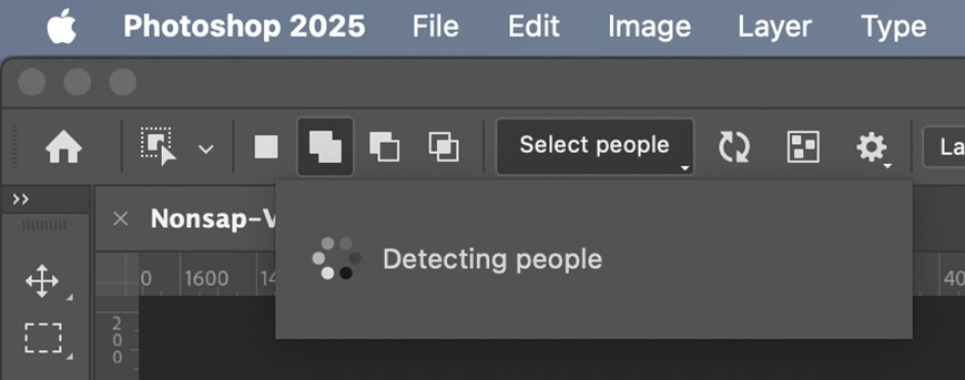 A Photoshop 2025 window with a "Select people" tool activated and a message stating "Detecting people.