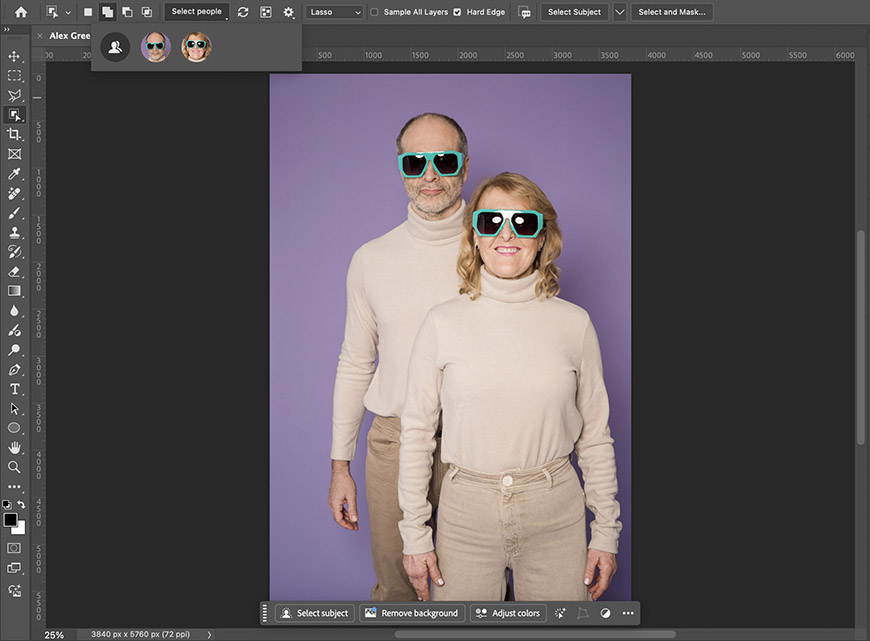 Two people wearing matching beige outfits and green sunglasses stand against a purple background in an image editing software interface.