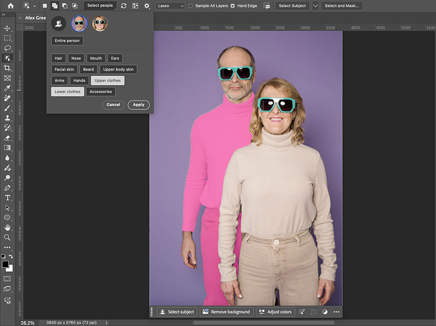 Two people wearing sunglasses and turtlenecks stand in front of a purple background; photo editing software interface is visible around the image.