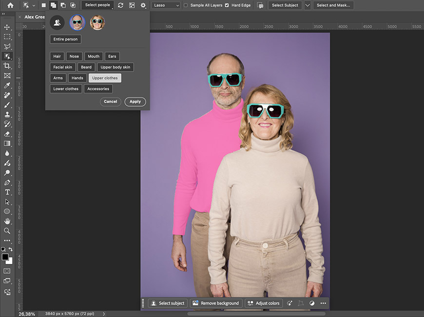 A man and a woman wearing sunglasses and turtlenecks stand in front of a purple backdrop; Photoshop editing tools are visible on the screen.