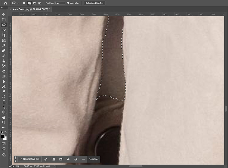 A close-up screenshot of Adobe Photoshop shows the lasso tool selecting an irregular area on a beige and brown image, with editing options visible at the top and bottom.