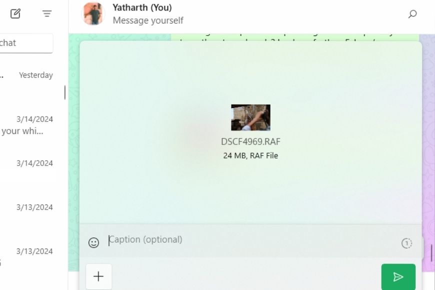 A screenshot of a chat interface where a user named yatharth has sent a 24 mb raf file with the preview of an image featuring a person.
