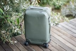 A light green hard-shell suitcase with four wheels stands on a wooden deck next to green leafy plants.