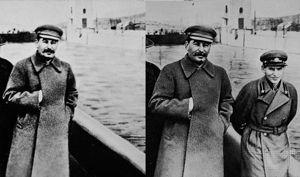 Two black-and-white photos: the left shows one man standing on a riverbank; the right shows the same man with a second man in uniform beside him in the same location.