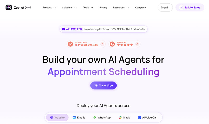 Screenshot of Copilot AI website homepage highlighting AI agents for appointment scheduling, with buttons to try for free and options for deployment across various platforms.