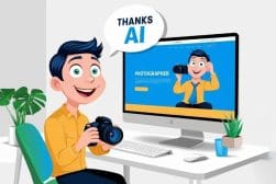 Cartoon boy holding a camera sits at a desk, with a computer display showing his photo and the text "THANKS AI" in a speech bubble above him.