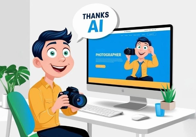 Cartoon boy holding a camera sits at a desk, with a computer display showing his photo and the text "THANKS AI" in a speech bubble above him. Cartoon boy holding a camera sits at a desk, with a computer display showing his photo and the text "THANKS AI" in a speech bubble above him.